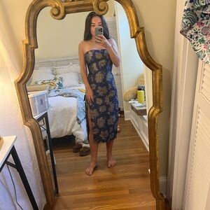 Floral Strapless Dress in Blue and Gold